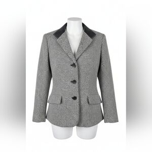 TALBOTS WOMENS JACKET/BLAZER, BLACK & WHITE HERRINGBONE & LEATHER SZ 14, NWOT